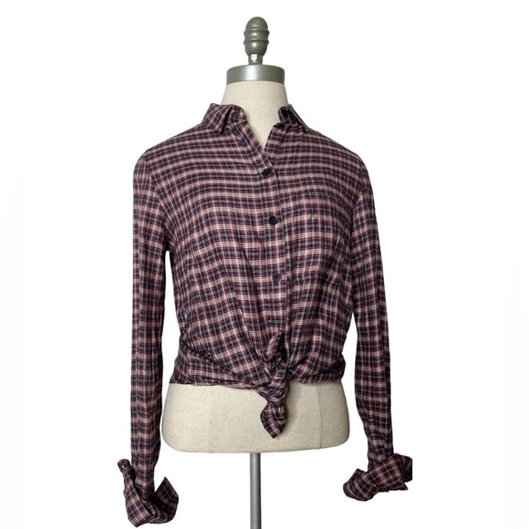 BeachLunchLounge Red Pear Whitney Button Down Plaid Long Sleeve Top Size Small - Picture 2 of 14